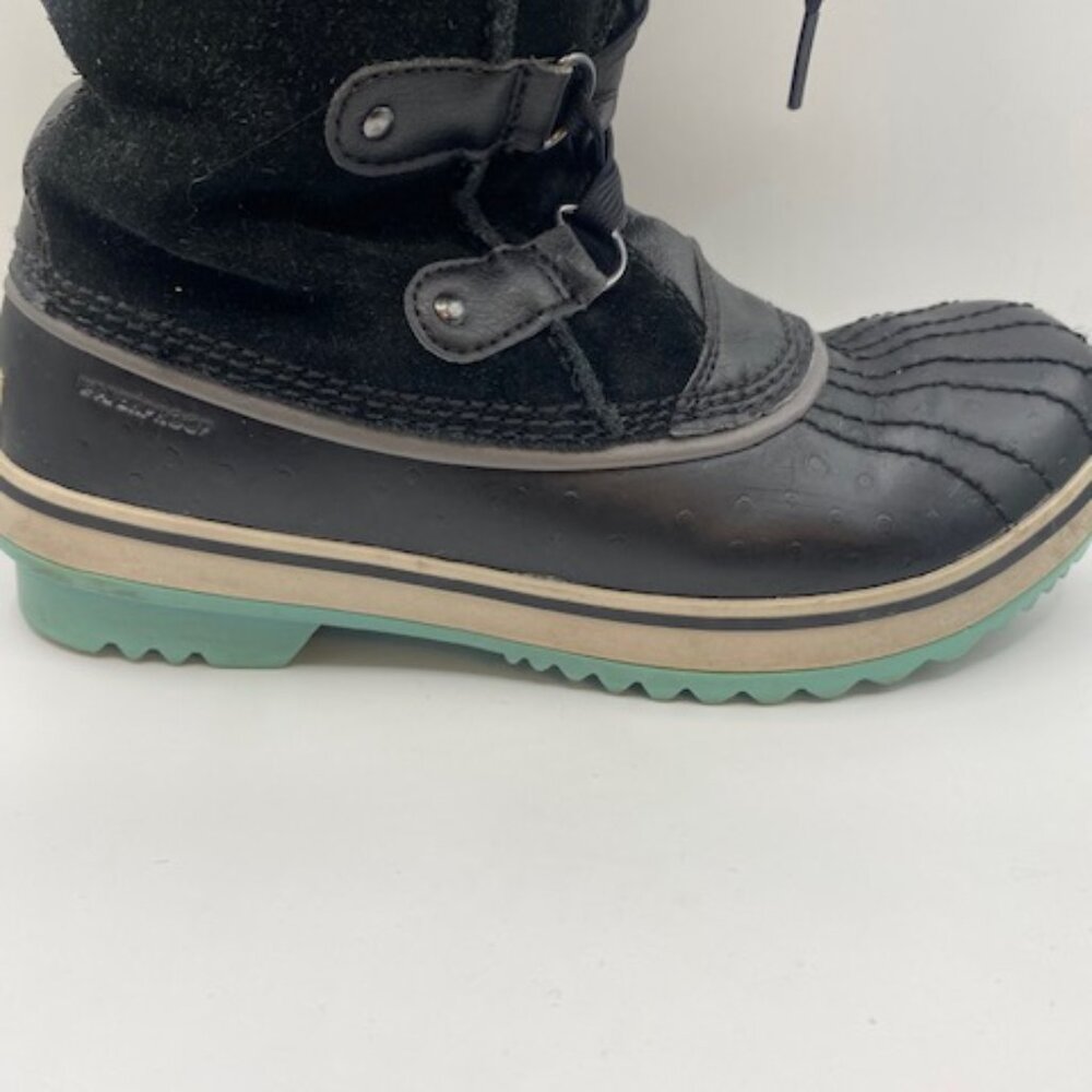 Kids SOREL black and blue lace up snow boots faux fur - Picture 9 of 13